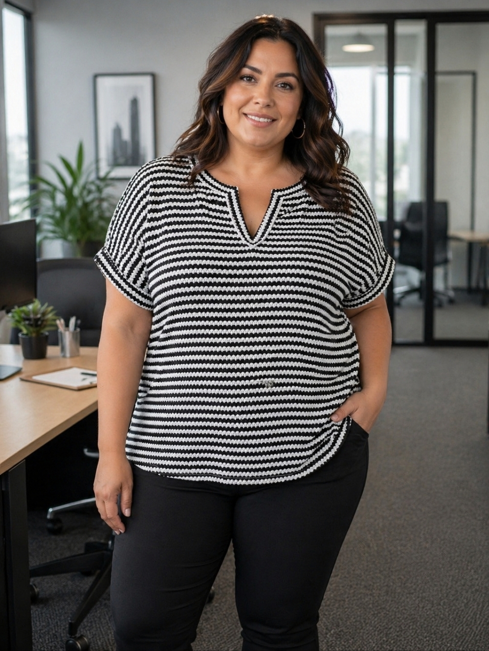 EVALESS Women's 2XL Black White Stripe Top Blouse NWT -1136